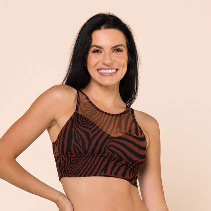 Cropped Tule Estampado Preto e Marrom E002