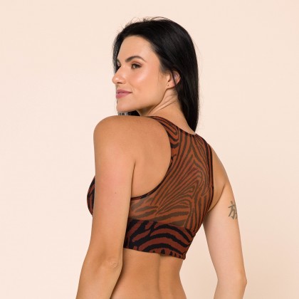 Cropped Tule Estampado Preto e Marrom E002