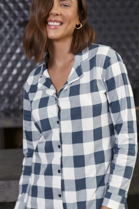 Pijama Feminino Longo Xadrez Azul Marinho