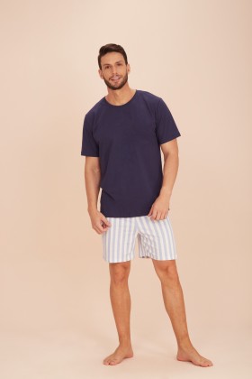 Pijama Masculino Curto Azul Marinho com Short Listrado